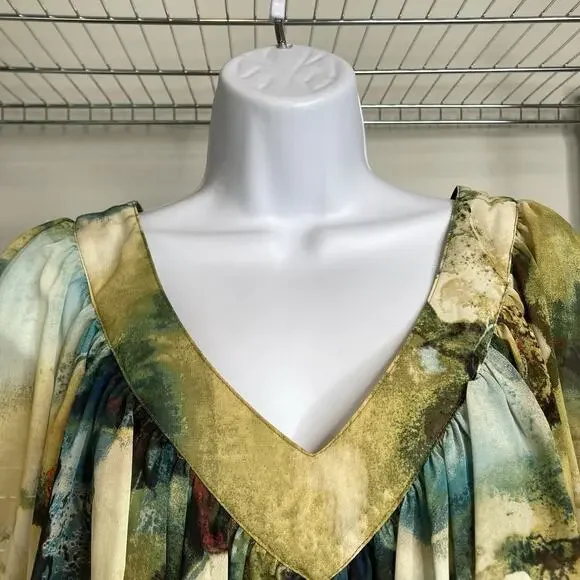 Sunny Leigh Women's Green Yellow Watercolors Blouse Size L Boho Art To Wear - Picture 8 of 13